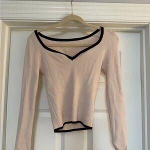 SHEIN Cream Ribbed Long Sleeve Top with Black Trim